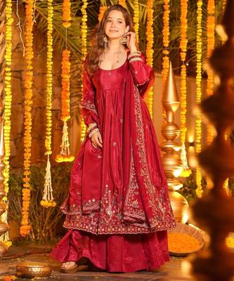 Red Organza Anarkali Suit Set 3