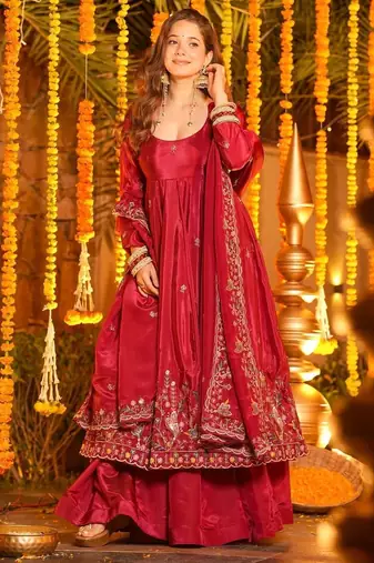 Red Organza Anarkali Suit Set