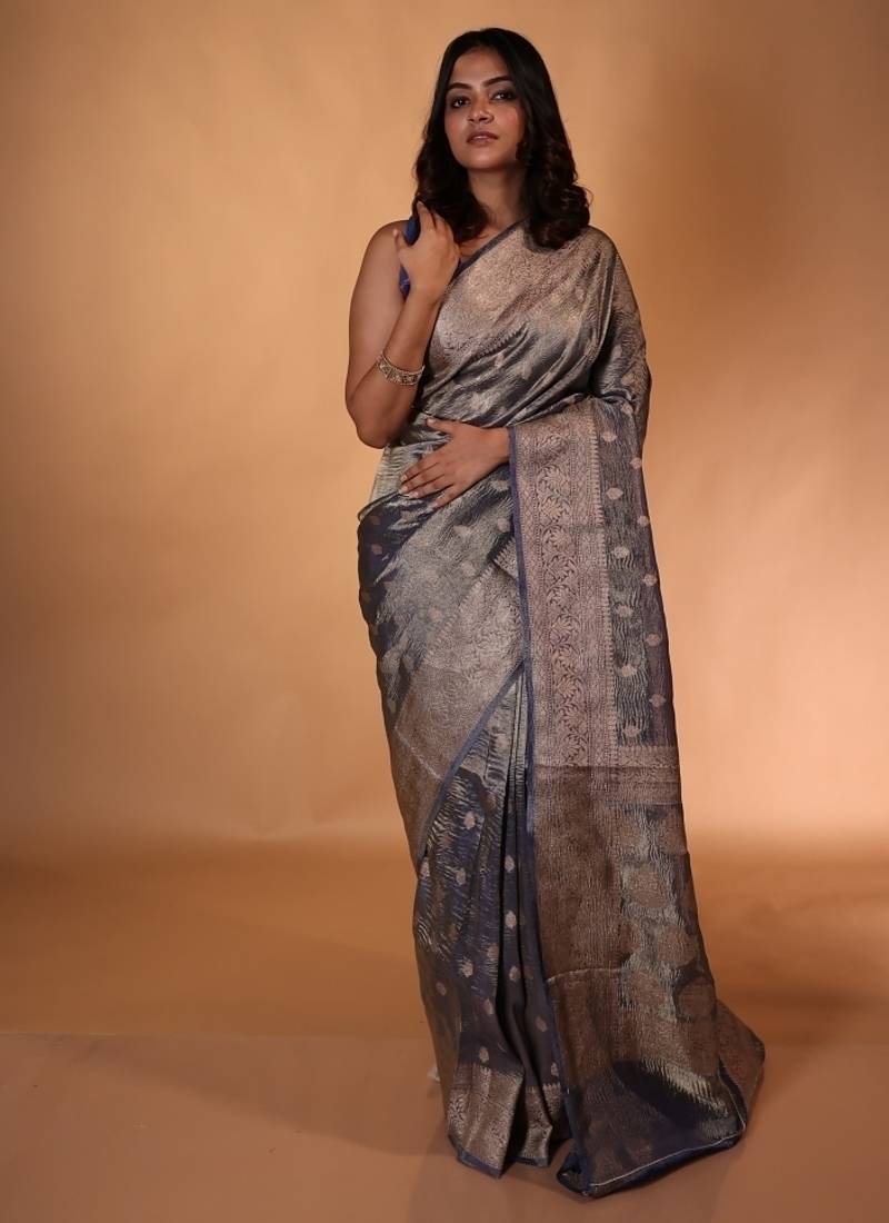 blue woven tissue saree