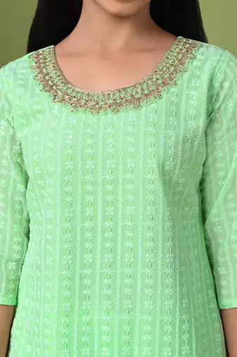 green embroidered georgette kurta palazzo set