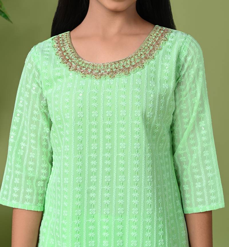 green embroidered georgette kurta palazzo set