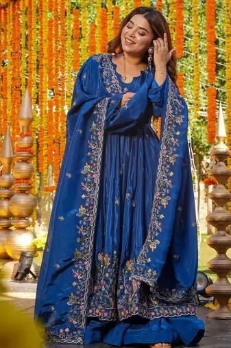 Blue Embroidered Anarkali Set