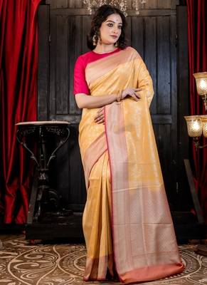 yellow woven matka silk blend zari woven all seasons sarees 5
