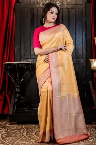 yellow woven matka silk blend zari woven all seasons sarees