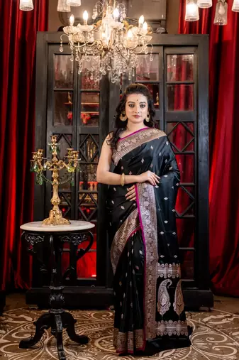 black woven silk blend zari woven all seasons sarees
