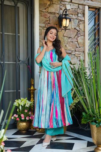 Sky blue Embroidered Rayon Anarkali Suit Set