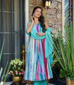 Sky blue Embroidered Rayon Anarkali Suit Set