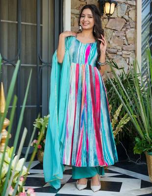 Sky blue Embroidered Rayon Anarkali Suit Set 2