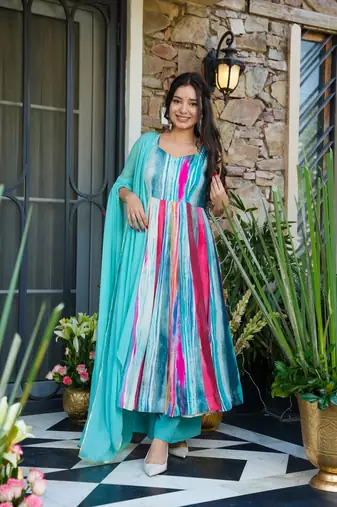 Sky blue Embroidered Rayon Anarkali Suit Set