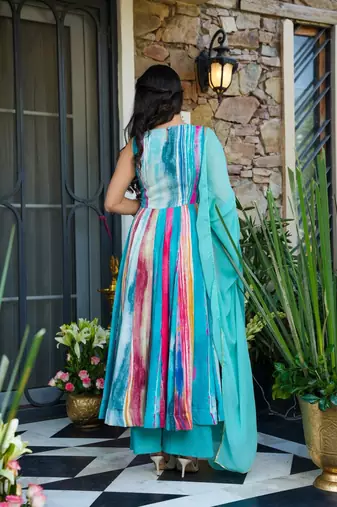 Sky blue Embroidered Rayon Anarkali Suit Set