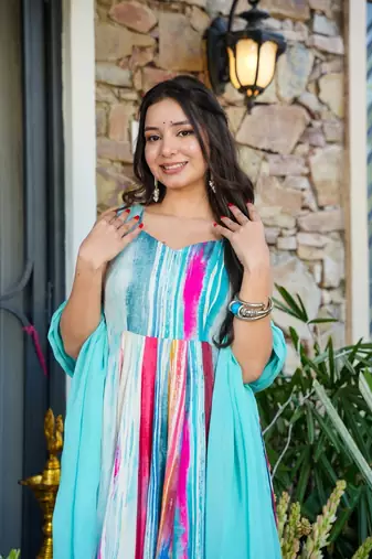 Sky blue Embroidered Rayon Anarkali Suit Set