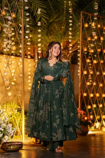 Green Cotton Embroidered Anarkali Suit Set