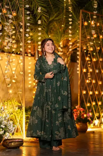 Green Cotton Embroidered Anarkali Suit Set
