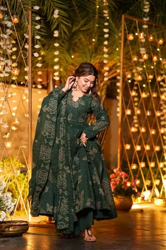 Green Cotton Embroidered Anarkali Suit Set
