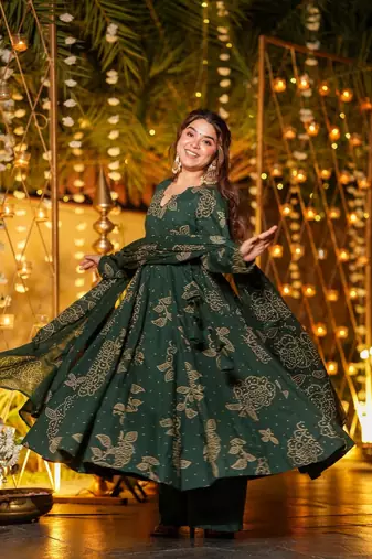 Green Cotton Embroidered Anarkali Suit Set