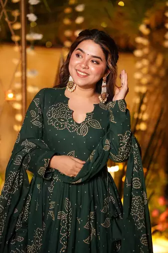 Green Cotton Embroidered Anarkali Suit Set