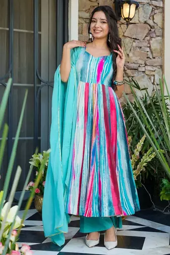 Sky blue Printed Cotton Anarkali Suit Set