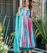 Sky blue Printed Cotton Anarkali Suit Set