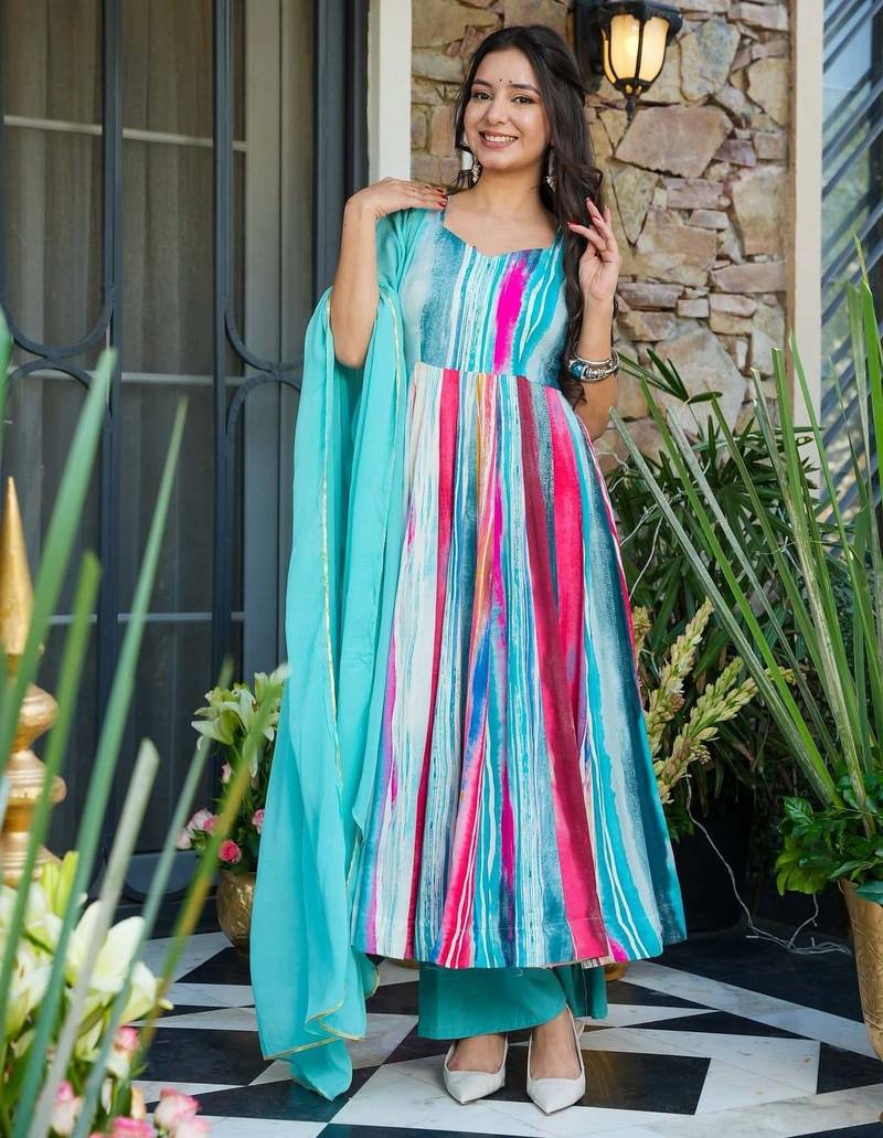 Sky blue Printed Cotton Anarkali Suit Set