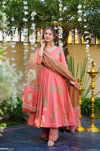 Pink Cotton Embroidered Anarkali Suit Set