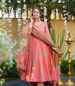 Pink Cotton Embroidered Anarkali Suit Set