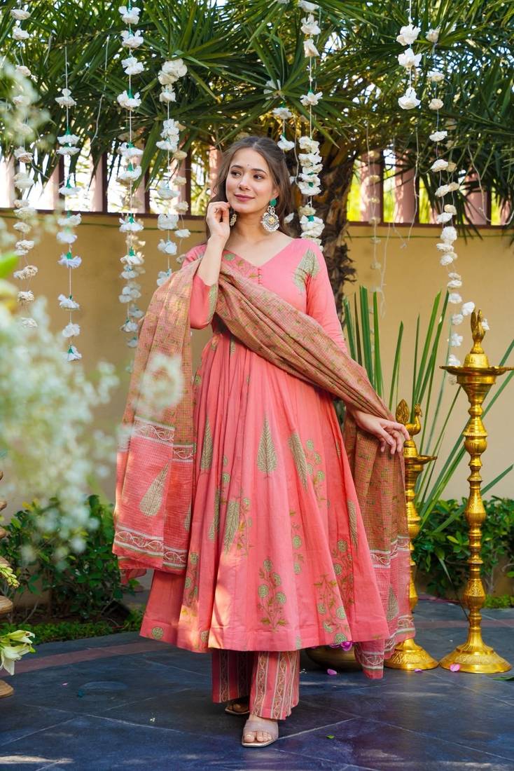 Pink Cotton Embroidered Anarkali Suit Set