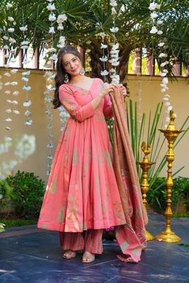Pink Cotton Embroidered Anarkali Suit Set 2