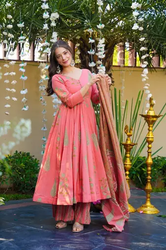 Pink Cotton Embroidered Anarkali Suit Set