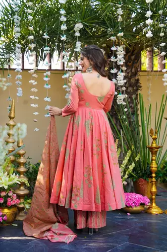 Pink Cotton Embroidered Anarkali Suit Set