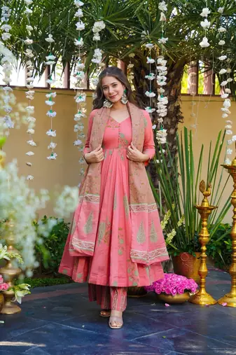 Pink Cotton Embroidered Anarkali Suit Set