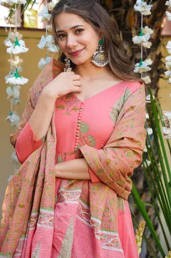 Pink Cotton Embroidered Anarkali Suit Set