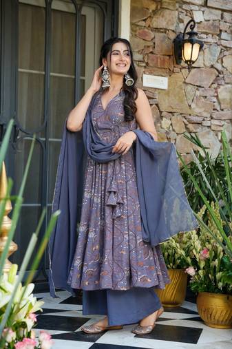 Purple Embroidered Rayon Suit Set