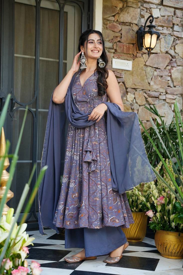 Purple Embroidered Rayon Suit Set