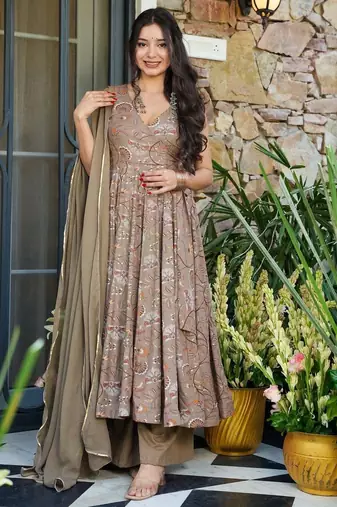 Brown Printed Rayon Suit Set