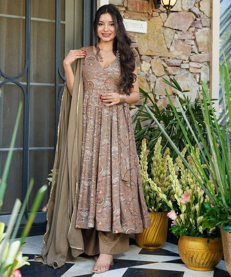 Brown Printed Rayon Suit Set