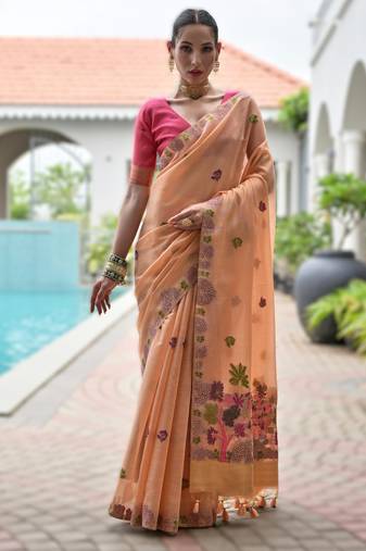 Peach premium soft chanderi cotton saree with resham flower weaving & contrast blouse