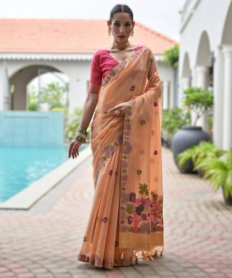 Peach premium soft chanderi cotton saree with resham flower weaving & contrast blouse