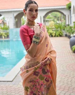 Peach premium soft chanderi cotton saree with resham flower weaving & contrast blouse 4