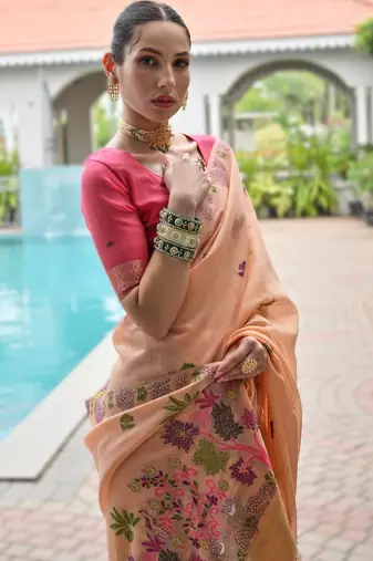 Peach premium soft chanderi cotton saree with resham flower weaving & contrast blouse