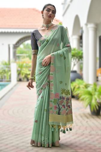 Light green premium soft chanderi cotton saree with resham flower weaving & contrast blouse