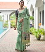 Light green premium soft chanderi cotton saree with resham flower weaving & contrast blouse