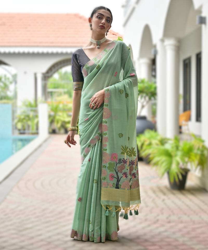 Light green premium soft chanderi cotton saree with resham flower weaving & contrast blouse