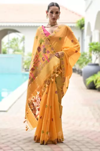 Yellow premium soft chanderi cotton saree with resham flower weaving & contrast blouse
