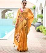Yellow premium soft chanderi cotton saree with resham flower weaving & contrast blouse