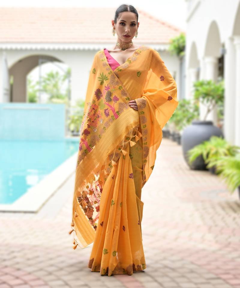 Yellow premium soft chanderi cotton saree with resham flower weaving & contrast blouse