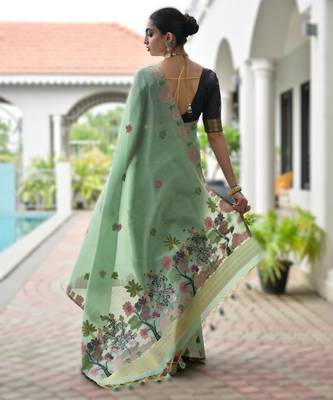 Light green premium soft chanderi cotton saree with resham flower weaving & contrast blouse 2