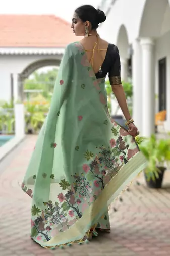 Light green premium soft chanderi cotton saree with resham flower weaving & contrast blouse