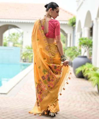 Yellow premium soft chanderi cotton saree with resham flower weaving & contrast blouse 2