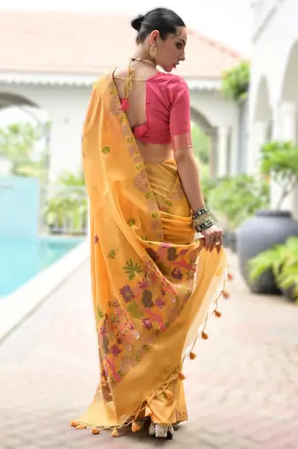Yellow premium soft chanderi cotton saree with resham flower weaving & contrast blouse