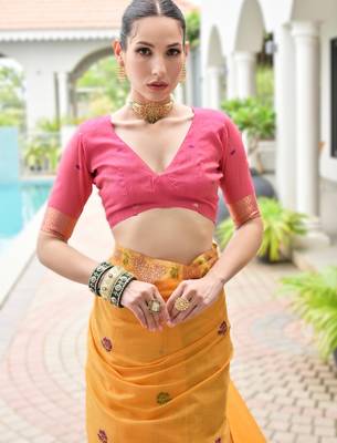 Yellow premium soft chanderi cotton saree with resham flower weaving & contrast blouse 3